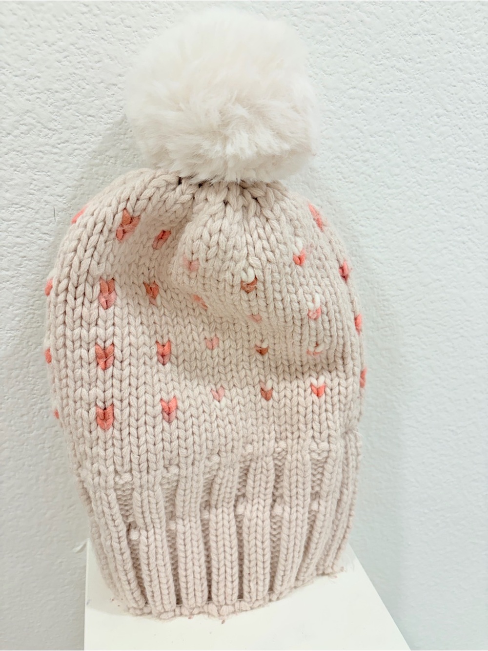 Nicole Miller New York Girls Pink Heart V-Stitch Fleece Lined Winter Hat 4+ #164